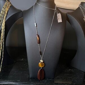 #O32.   JJill Silver Wood & Stone Necklace with Chain Accents